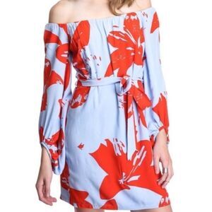 Bardot Camilla Hawaiian Floral Off The Shoulder Long Sleeve Blouson Dress